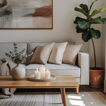 Modern home decor items including vases, wall art, candles, and indoor plants arranged in a minimalist interior setting