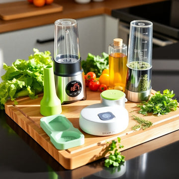 Flat-lay of smart kitchen tools including digital scale, automatic grinder, oil sprayer, and slicer on a clean white countertop