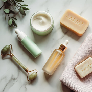 Flat lay of health and beauty essentials including skincare, haircare, and wellness products on white background