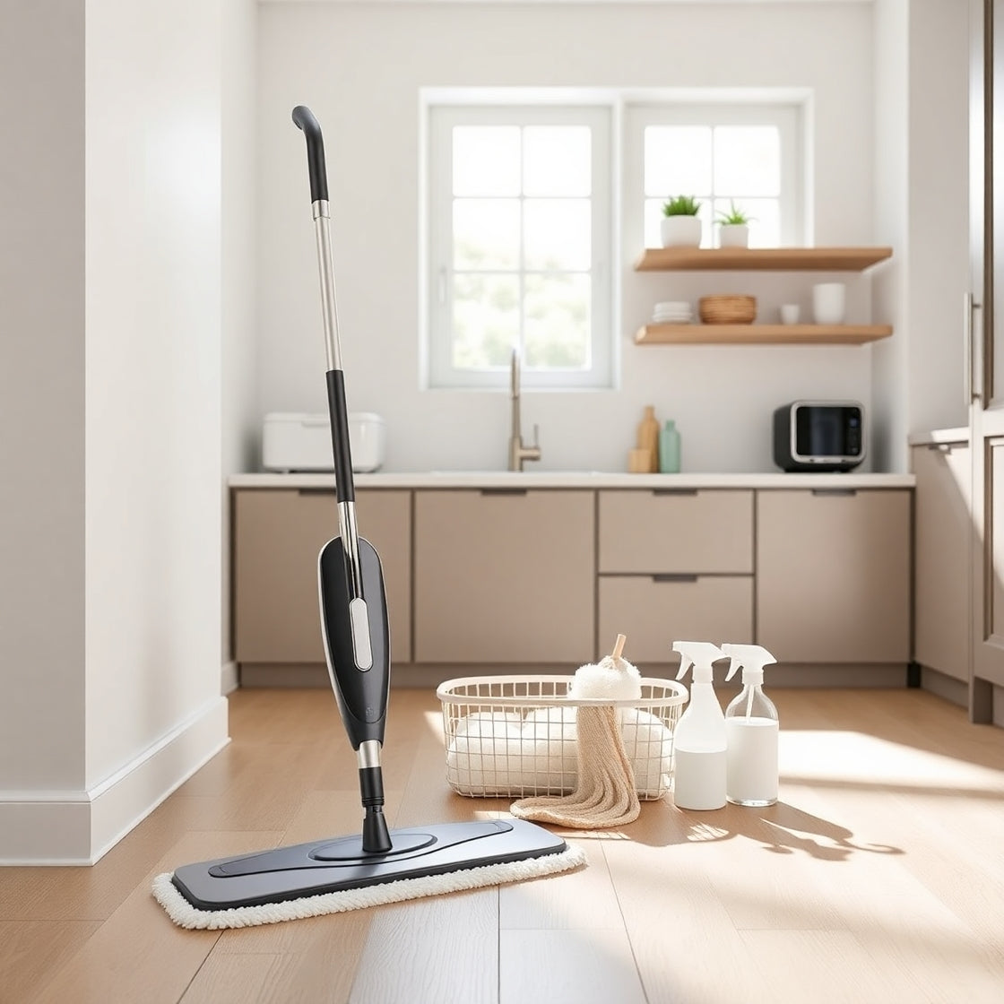 Modern home interior featuring household cleaning essentials including 360° rotating mop, microfiber cloths, storage basket, and cleaning tools in a minimalist organized setting