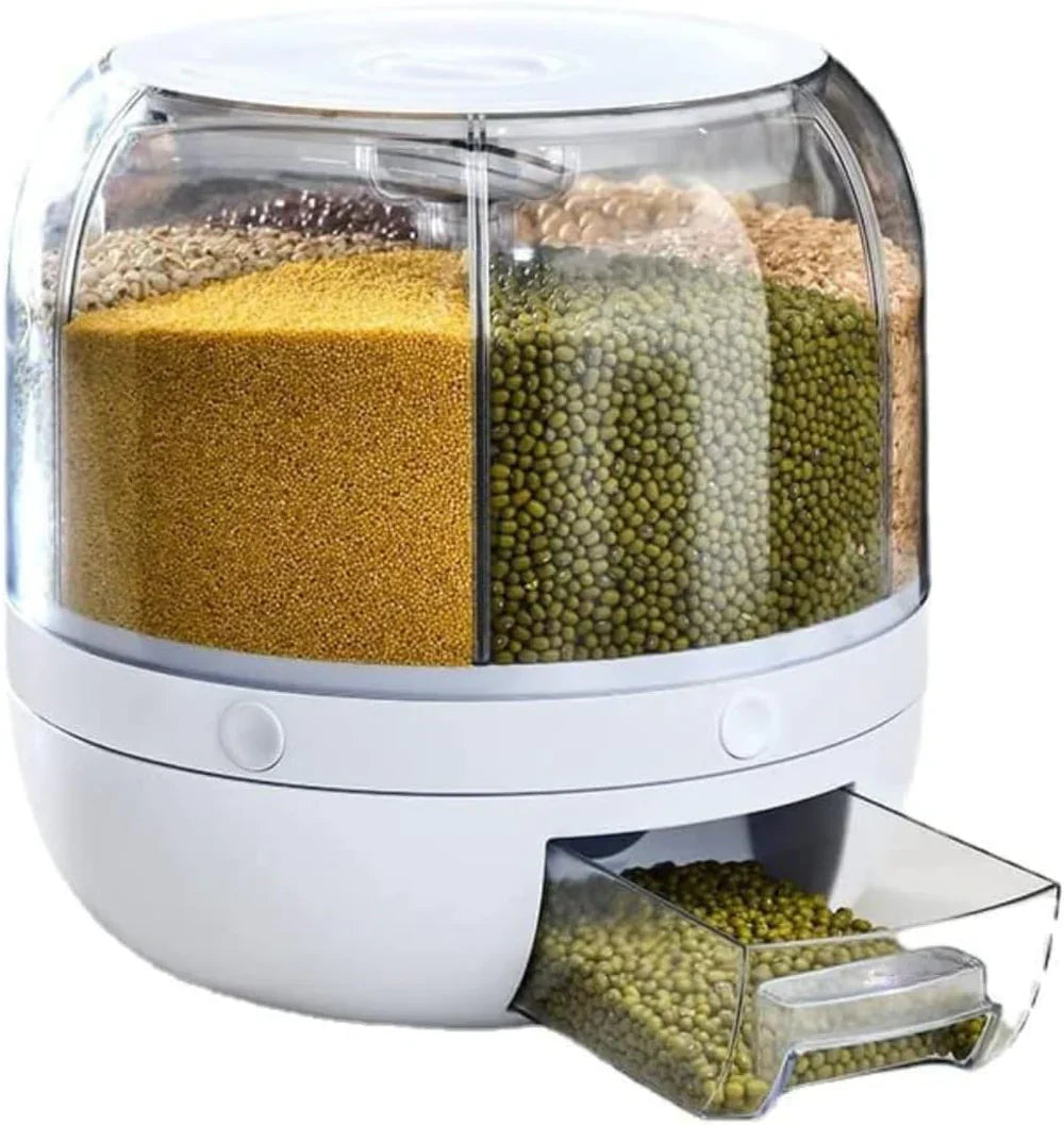 360-degree rotating food dispenser with airtight compartments for dry kitchen storage