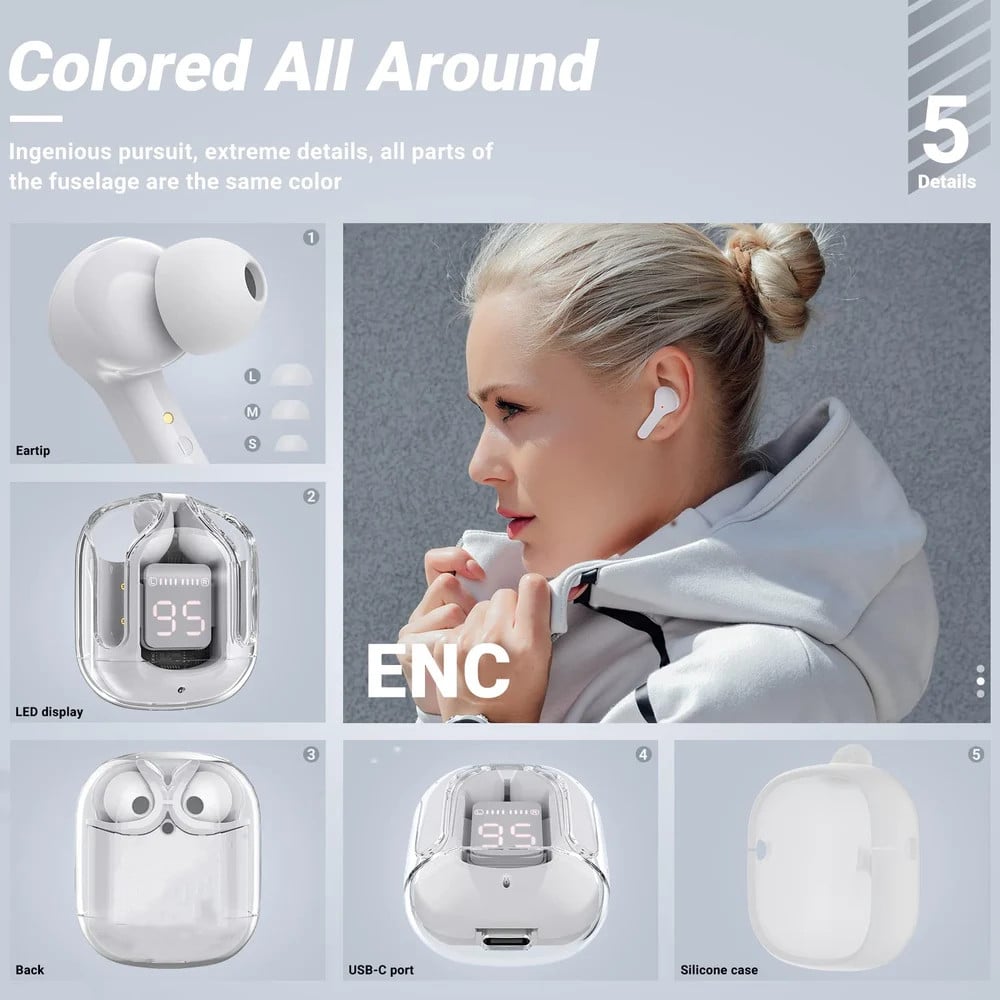 T6 Transparent Wireless Earbuds with Bluetooth 5.1, HD sound, and noise cancellation