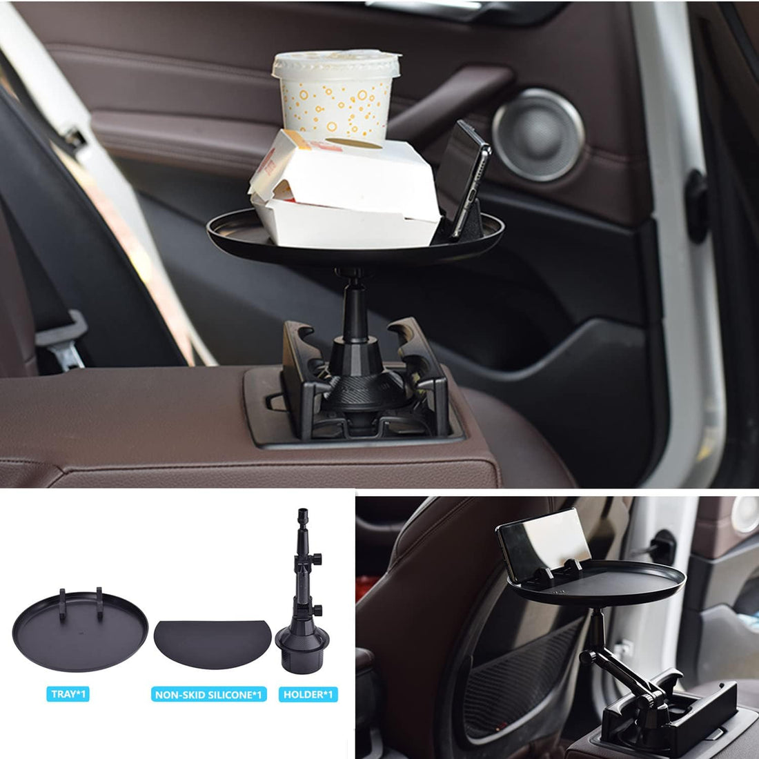 Portable car cup holder snack tray for food and drinks, rotating design for travel and road trips
