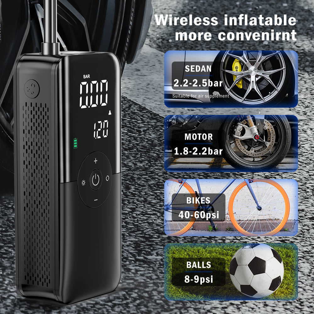Portable electric air pump for car and bike tires, rechargeable mini tire inflator with LED display