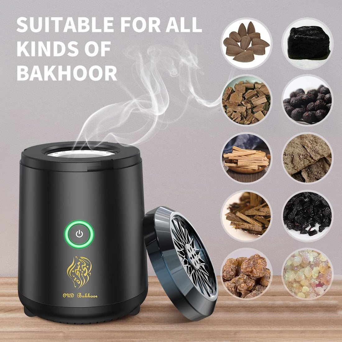 Smart Arabic Incense Diffuser with USB recharge, flameless bukhoor burning, and portable design