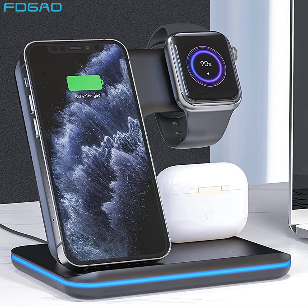 3-in-1 wireless charging stand for iPhone, Apple Watch, and AirPods with fast charge support
